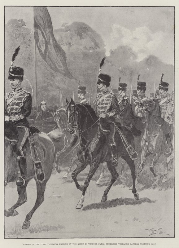 Revisão da Primeira Brigada Yeomanry da Rainha em Windsor Park, Middlesex Yeomanry Cavalry trotando passado de William Barnes Wollen