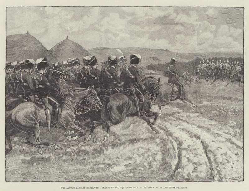 As manobras de cavalaria do outono, carga de dois esquadrões de cavalaria, 20 hussardos e dragões reais de William Barnes Wollen