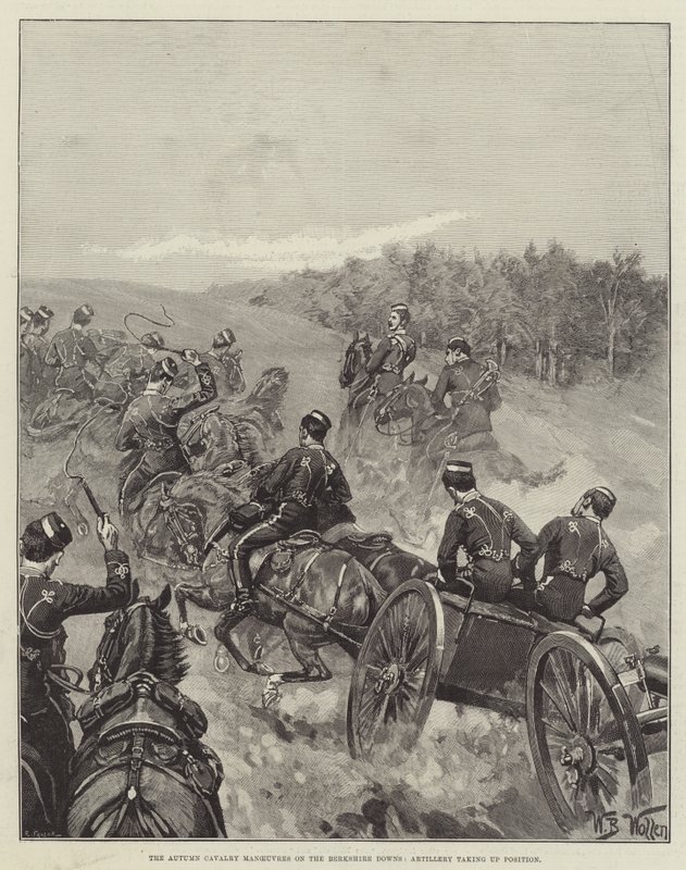 As manobras de cavalaria do outono em Berkshire Downs, artilharia assumindo a posição de William Barnes Wollen
