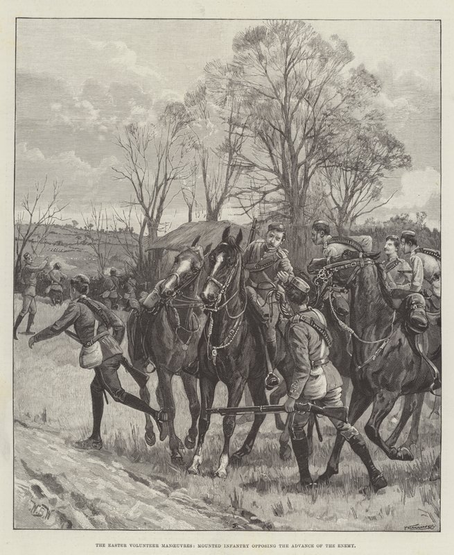 As manobras de voluntários da Páscoa, infantaria montada em oposição ao avanço do inimigo de William Barnes Wollen