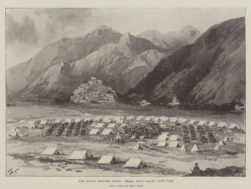 A ascensão da fronteira indiana, Thana, Swat Valley, com acampamento de William Barnes Wollen
