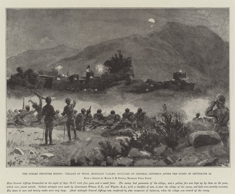 The Indian Frontier Rising, Aldeia de Bilot, Mohmand Valley, ocupada pelo General Jeffreys após a Luta de 16 de setembro de William Barnes Wollen