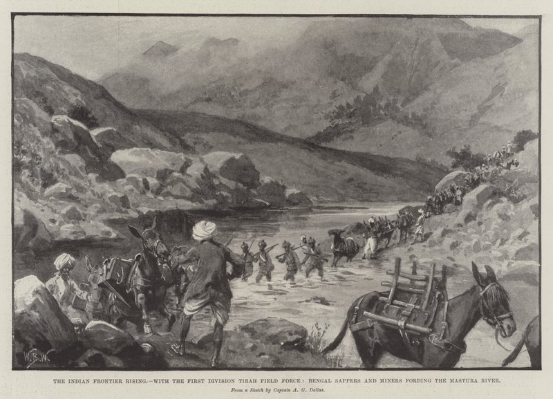 The Indian Frontier Rising, com a Força de Campo de Primeira Divisão Tirah, Sapadores de Bengala e Mineiros ocupando o Rio Mastura de William Barnes Wollen