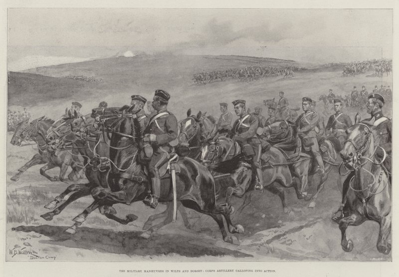 As manobras militares em Wilts e Dorset, Corps Artillery galopando em ação de William Barnes Wollen