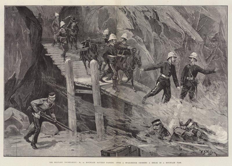 O Torneio Militar, No 10 Mountain Battery passando por uma ponte Spar atravessando uma pausa em um desfiladeiro de William Barnes Wollen
