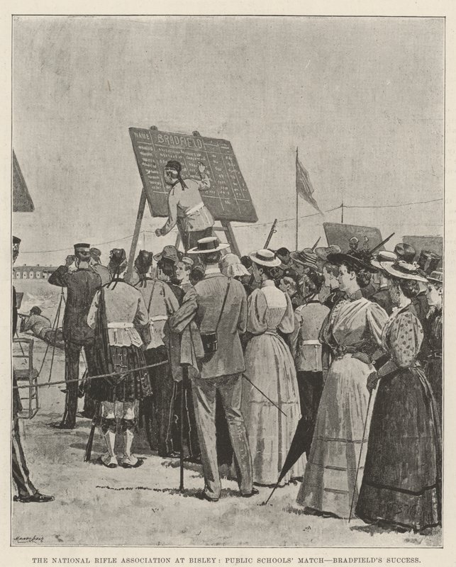 A associação nacional do rifle em Bisley, fósforo das escolas públicas, sucesso de Bradfield de William Barnes Wollen