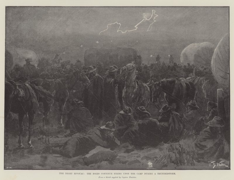 The Night Bivouac, os Boers continuam atirando no Acampamento durante uma tempestade de William Barnes Wollen