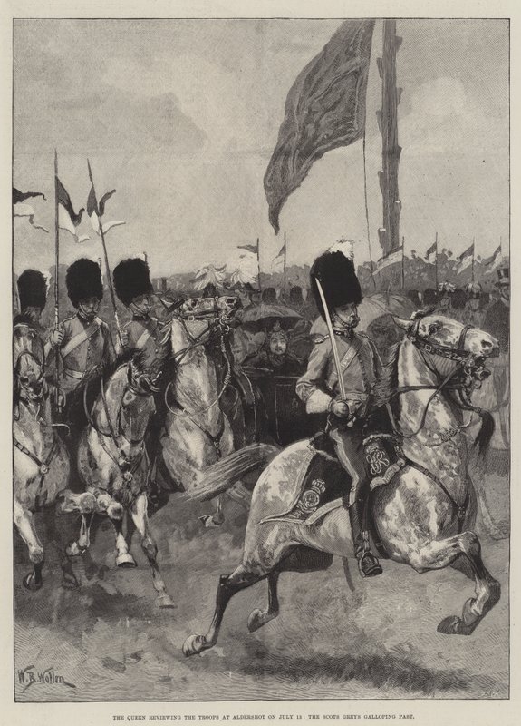 A rainha revendo as tropas em Aldershot em 13 de julho, os escoceses Greys galopando passado de William Barnes Wollen