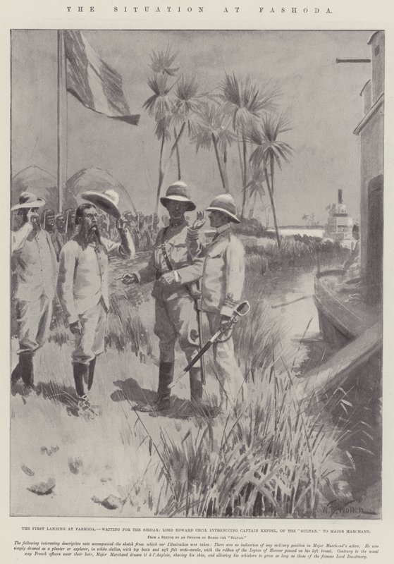 A Situação em Fashoda, o Primeiro Desembarque em Fashoda, esperando pelo Sirdar, Lord Edward Cecil apresentando o Capitão Keppel, do Sultão, ao Major Marchand de William Barnes Wollen