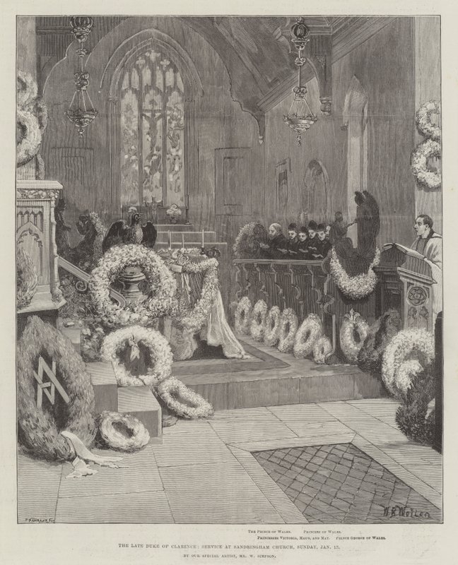 O falecido duque de Clarence, serviço na igreja de Sandringham, domingo, 17 de janeiro de William Barnes Wollen
