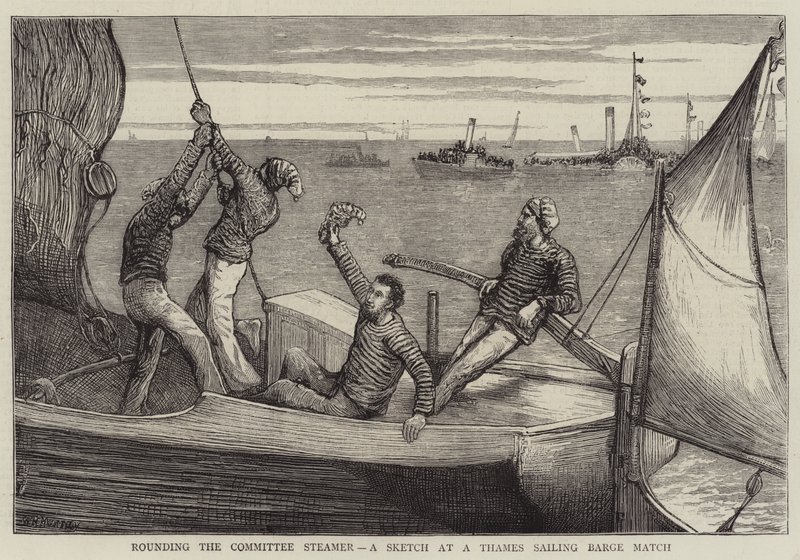 Arredondando o navio do comitê, um esboço em um fósforo das barcas da vela de Tamisa de William Bazett Murray