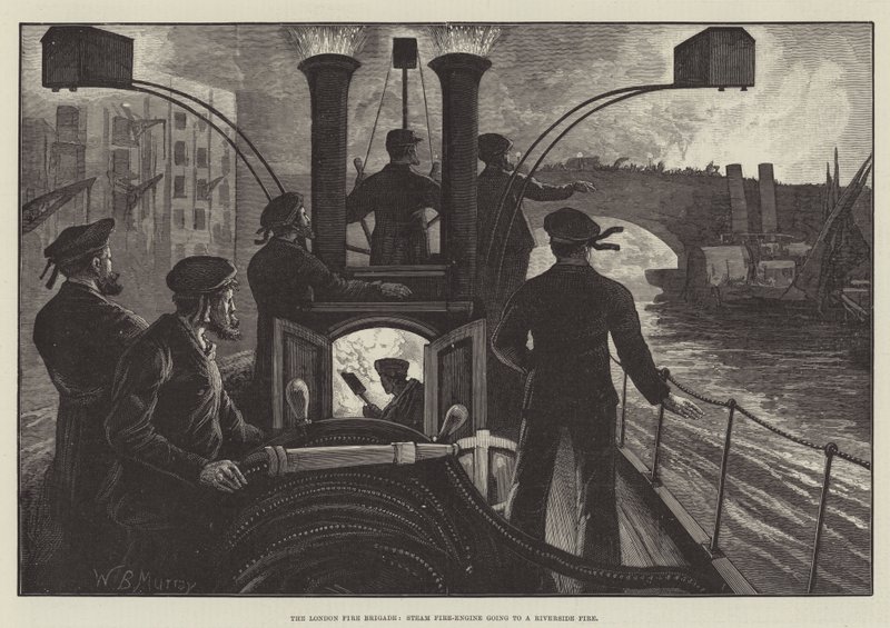 A Brigada de Incêndio de Londres, Steam Fire-Engine indo para um incêndio em Riverside de William Bazett Murray