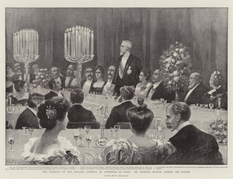 O banquete da Câmara de Comércio Inglesa em Paris, Sir Edmund Monson fazendo seu discurso de William Bengough