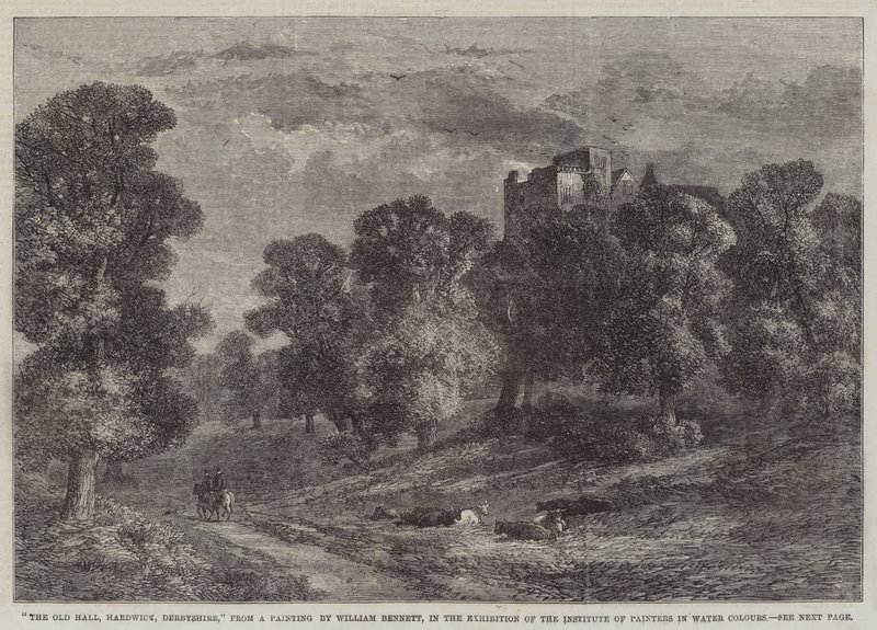 O Old Hall, Hardwick, Derbyshire, na Exposição do Instituto de Pintores em Aquarelas de William James Bennett