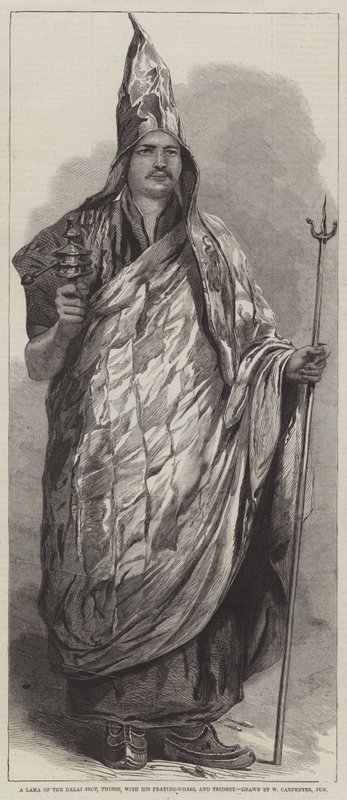 Um Lama da Seita Dalai, Thibet, com sua Roda de Oração e Tridente de William Carpenter