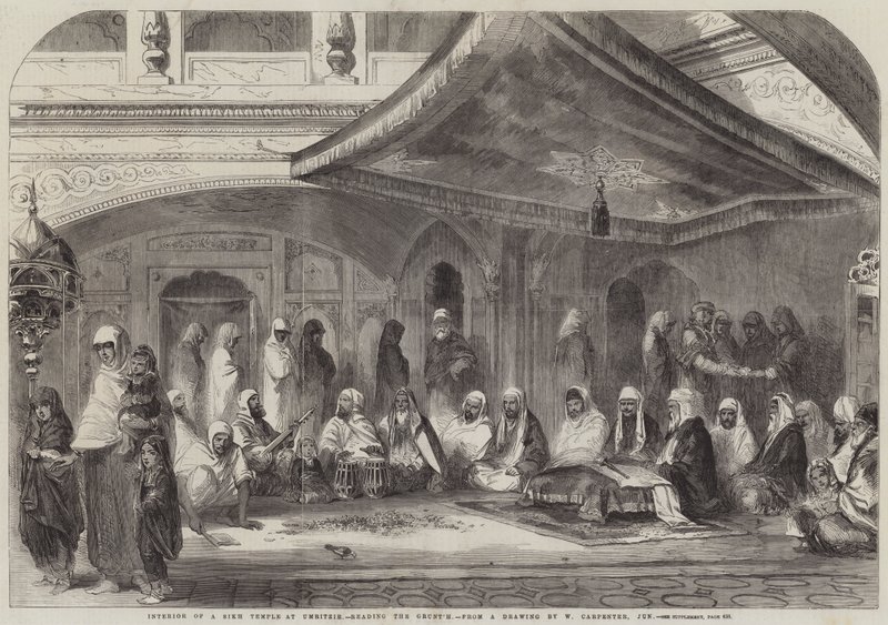 Interior de um templo sikh em Umritzir, lendo o Grunt&39;h de William Carpenter