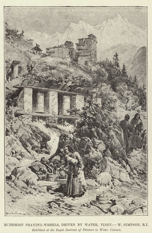Praying-Wheels budistas, dirigidos pela água, Tibet de William Crimea Simpson