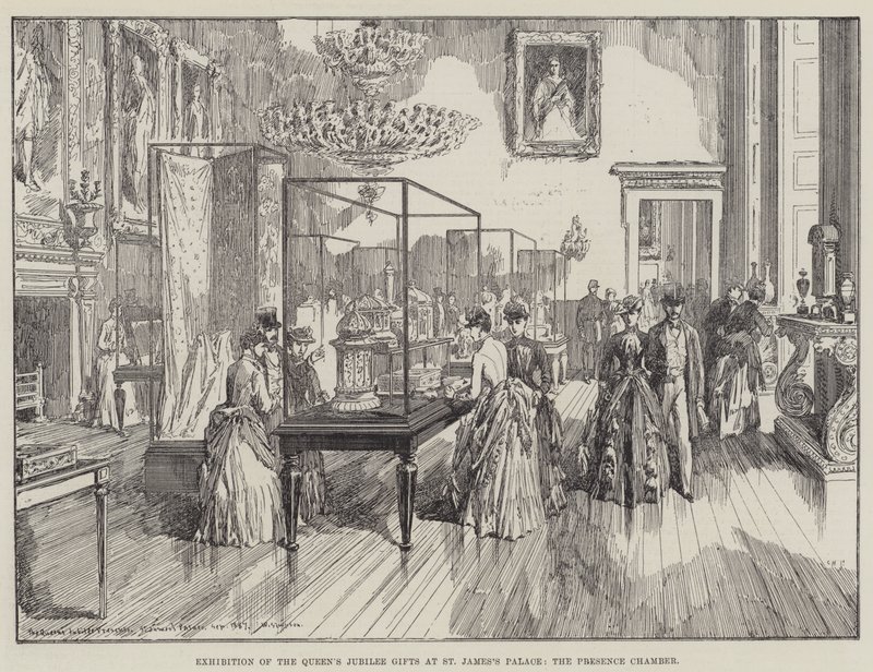 Exposição dos presentes do Jubileu da Rainha no Palácio de St. James, a Câmara de Presença de William Crimea Simpson