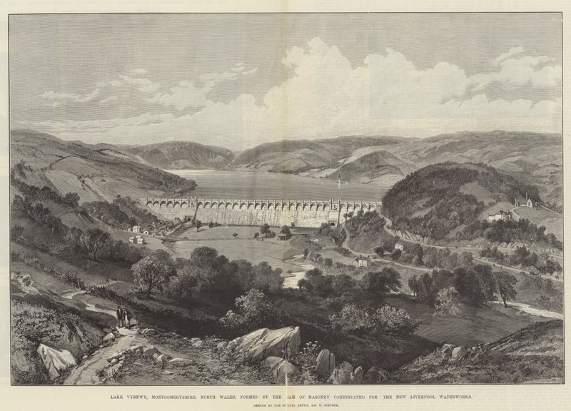 Lago Vyrnwy, Montgomeryshire, norte do País de Gales, formado pela Represa da Maçonaria construída para a New Liverpool Waterworks de William Crimea Simpson