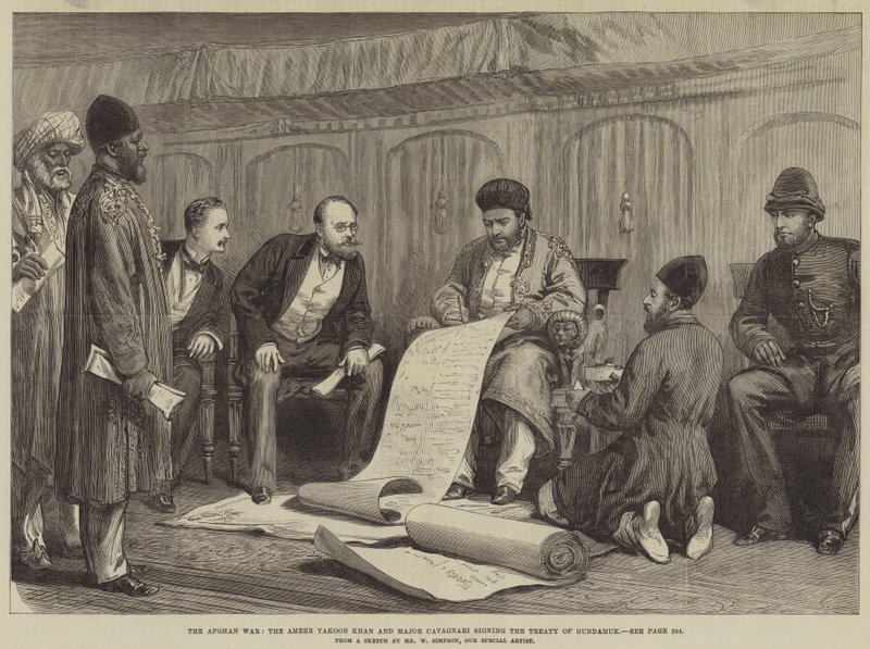 A Guerra do Afeganistão, o Ameer Yakoob Khan e o Major Cavagnari assinam o Tratado de Gundamuck de William Crimea Simpson