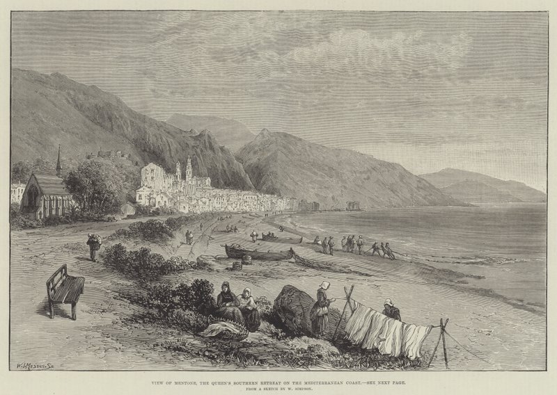 Vista de Mentone, retiro sul da rainha na costa do Mediterrâneo de William Crimea Simpson