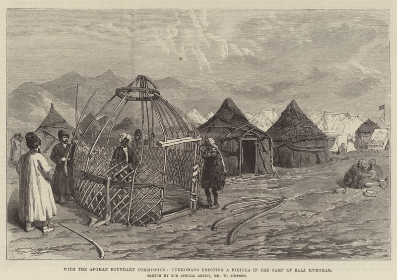 Com a Comissão de Fronteira Afegã, os turcomanos erigindo um Kibitka no acampamento em Bala Murghab de William Crimea Simpson