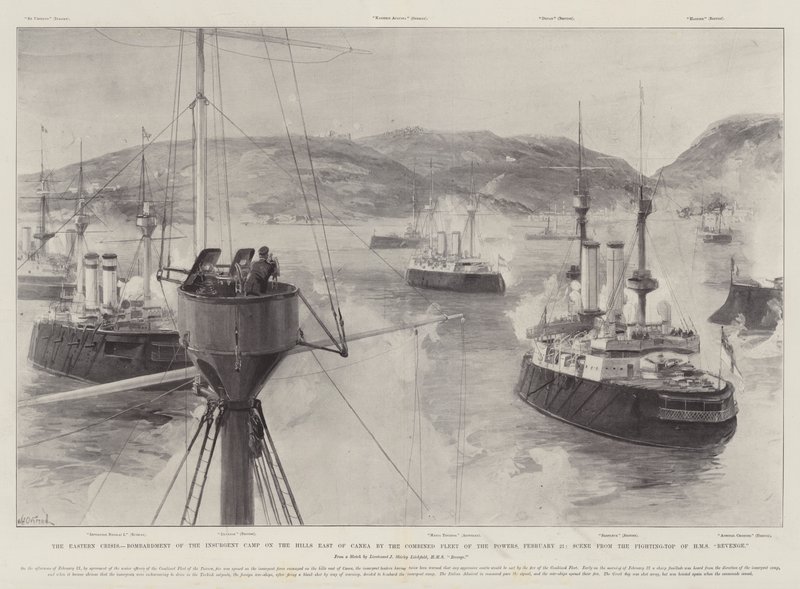 A crise oriental, o bombardeio do campo insurgente nas colinas a leste de Canea pela frota combinada das potências, 21 de fevereiro, cena do Fighting-Top of HMS Revenge de William Heysham Overend