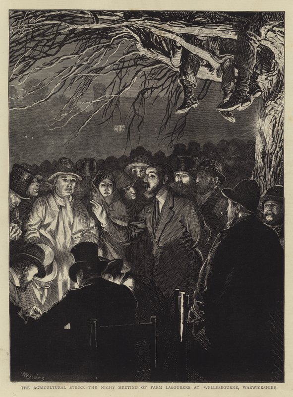 A greve agrícola, o encontro noturno de trabalhadores rurais em Wellesbourne, Warwickshire de William III Bromley