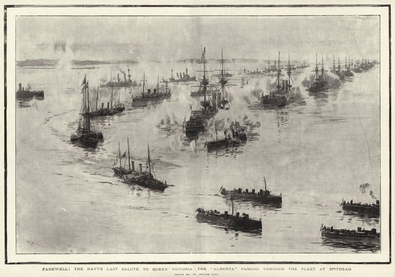 Despedida! A última saudação da marinha à rainha Vitória, a Alberta passando pela frota de Spithead de William Lionel Wyllie