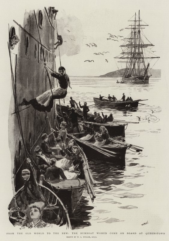 Do Velho Mundo ao Novo, as Mulheres Bumboat vêm a bordo em Queenstown de William Lionel Wyllie