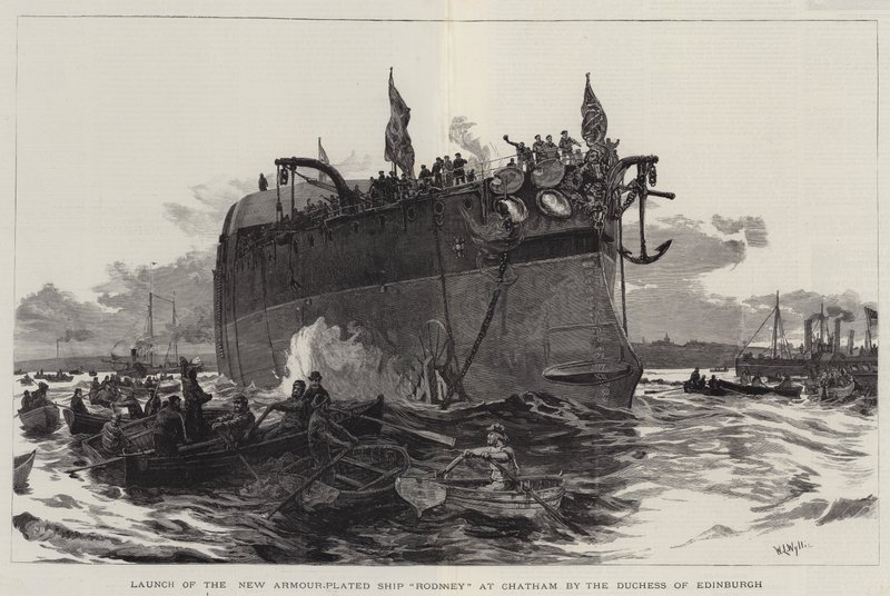 Lançamento do novo navio blindado Rodney em Chatham pela duquesa de Edimburgo de William Lionel Wyllie