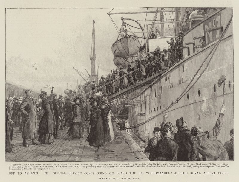 De fora para Ashanti, o Corpo de Serviço Especial indo a bordo do SS Coromandel no Royal Albert Docks de William Lionel Wyllie