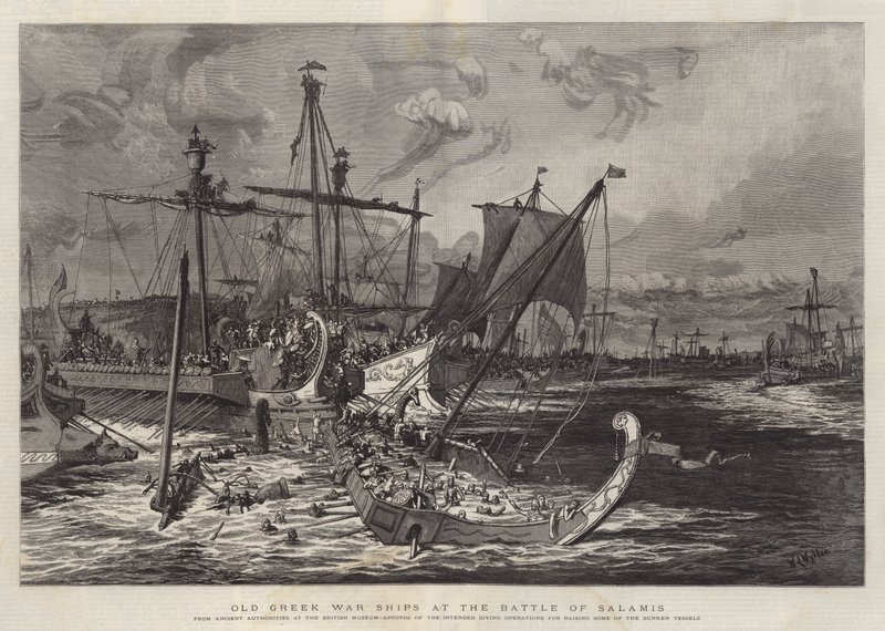 Navios de guerra gregos antigos na batalha de Salamina de William Lionel Wyllie