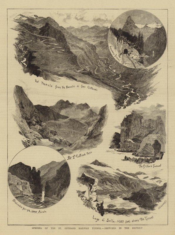 Abertura do túnel ferroviário de St Gothard, esboços no distrito de William Lionel Wyllie