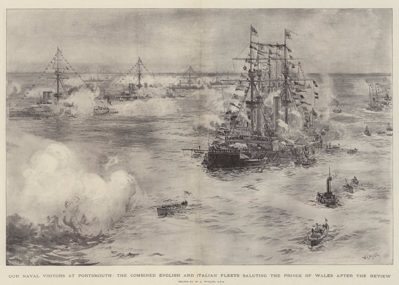 Nossos visitantes navais em Portsmouth, as frotas combinadas inglesas e italianas saudando o príncipe de Gales após a revisão de William Lionel Wyllie