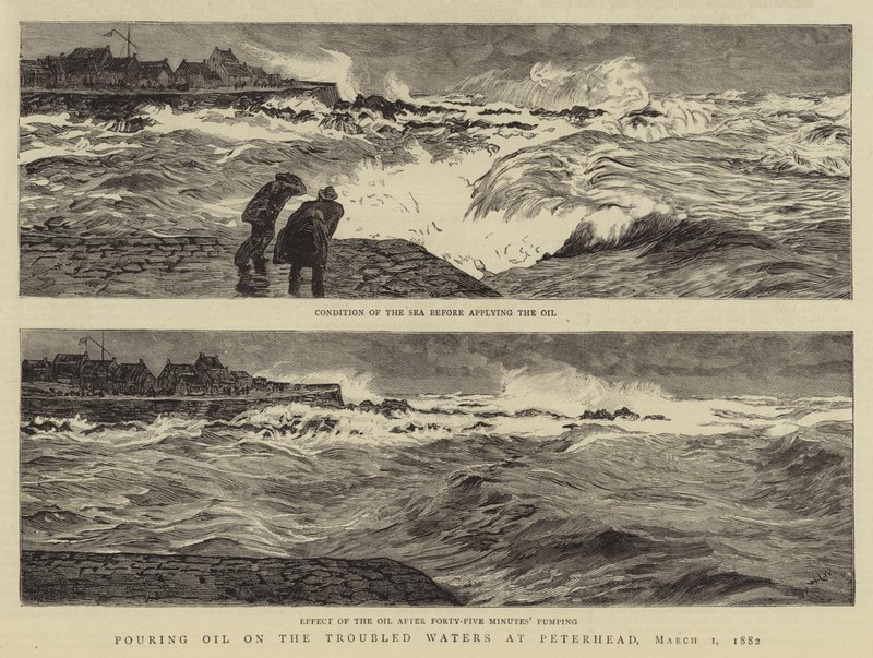 Derramando óleo sobre as águas agitadas em Peterhead, 1 de março de 1882 de William Lionel Wyllie