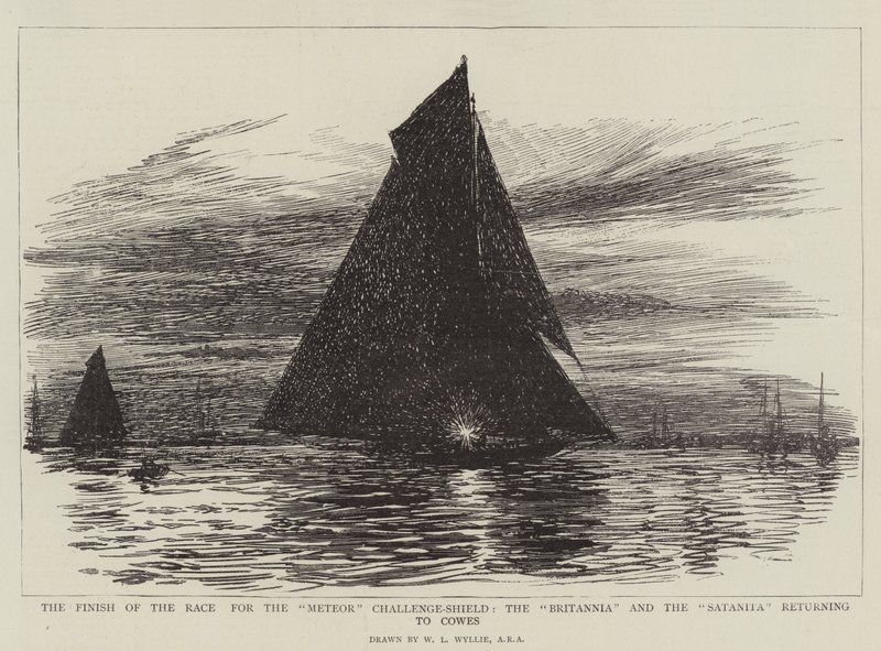 O final da corrida para o Meteor Challenge-Shield, o Britannia e o Satanita voltando para Cowes de William Lionel Wyllie