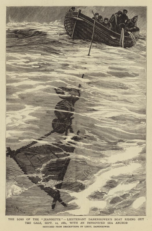 A perda do Jeannette, barco do tenente Danenhower montando o vendaval, 12 de setembro de 1881, com uma âncora de mar improvisada de William Lionel Wyllie