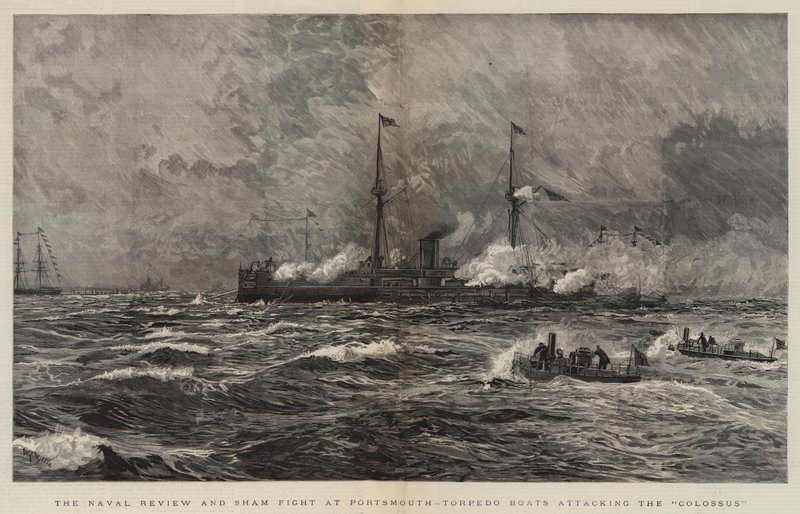 The Naval Review e Sham Fight em Portsmouth, Torpedo Boats atacando o Colossus de William Lionel Wyllie