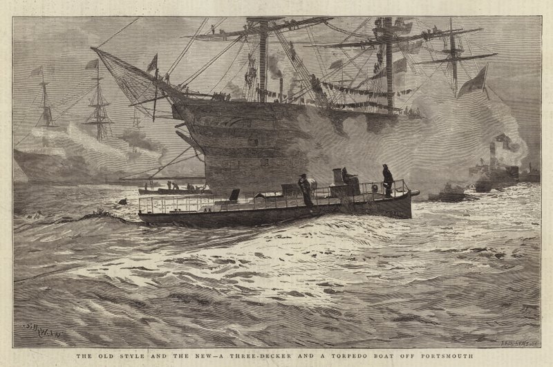 O estilo antigo e o novo, um barco de três andares e um barco de torpedos ao largo de Portsmouth de William Lionel Wyllie