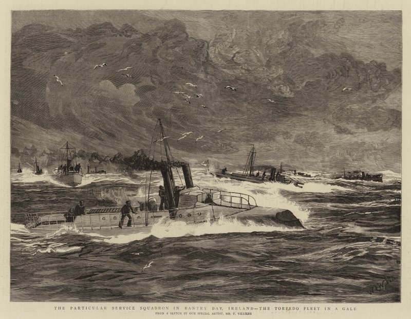 O Esquadrão de Serviço Particular em Bantry Bay, Irlanda, a Frota de Torpedo em um Vendaval de William Lionel Wyllie