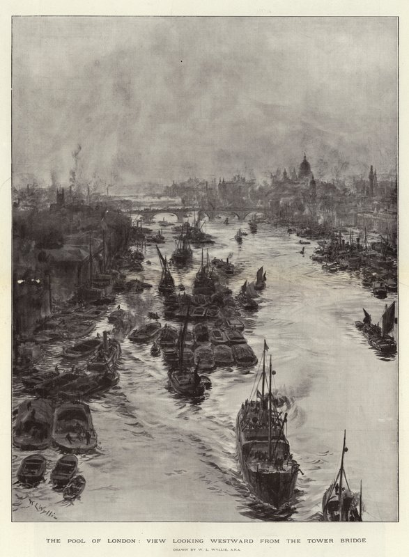 A, piscina, de, londres, vista, olhar, para o oeste, de, a, ponte torre de William Lionel Wyllie