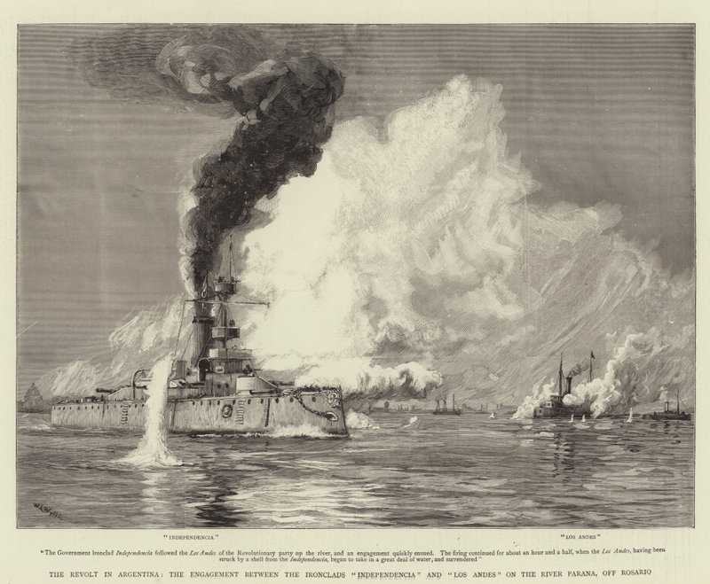 A revolta na Argentina, o noivado entre os Ironclads Independencia e Los Andes no rio Paraná, na costa de Rosario de William Lionel Wyllie