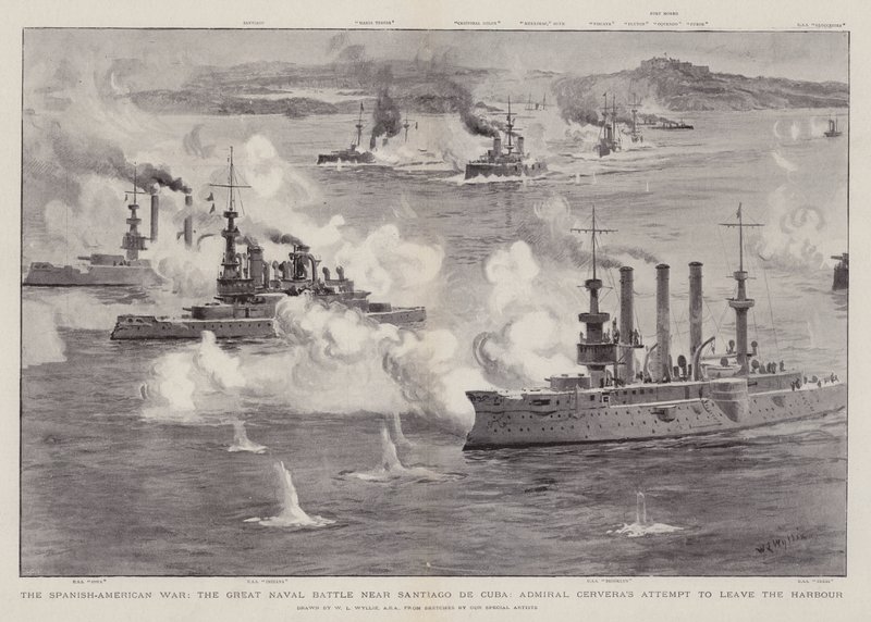 A guerra hispano-americana, a Grande Batalha Naval perto de Santiago de Cuba, a tentativa do almirante Cervera de deixar o porto de William Lionel Wyllie