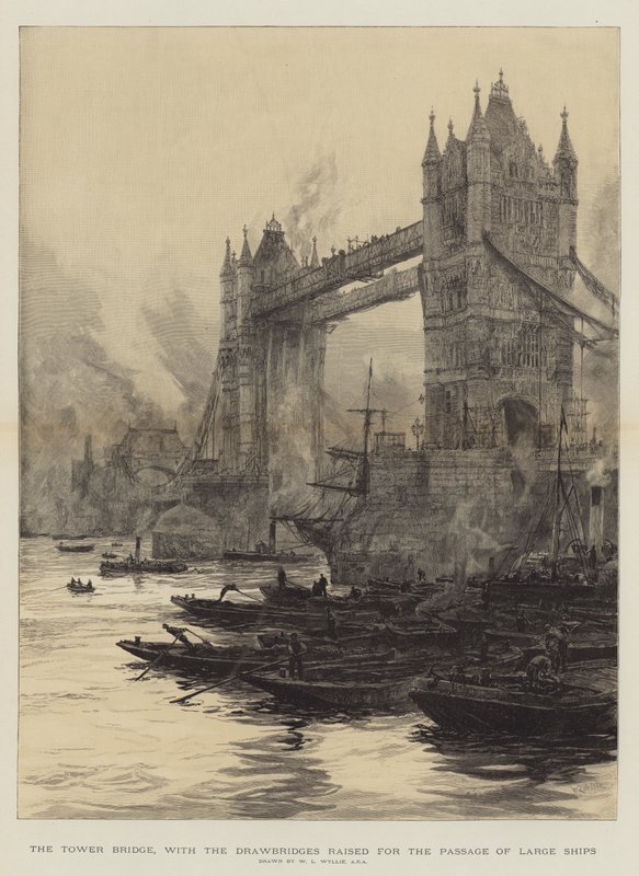 A Tower Bridge, com as pontes levadiças erguidas para a passagem de grandes navios de William Lionel Wyllie