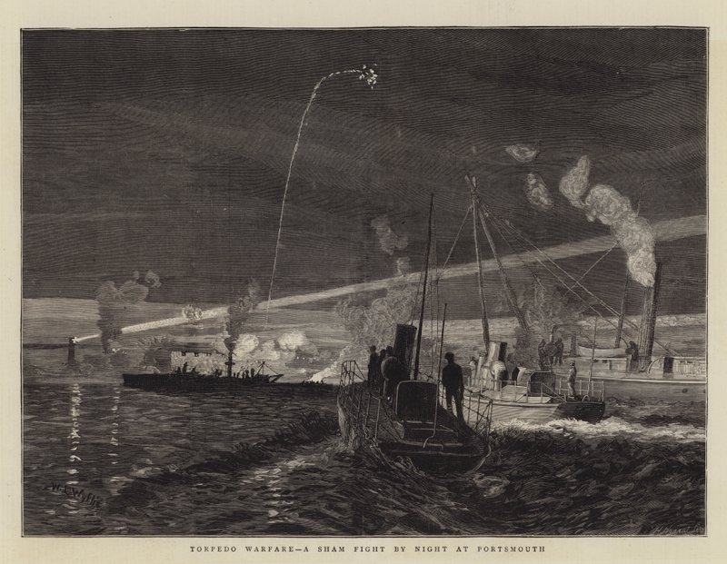 Guerra de torpedos, uma luta Sham pela noite em Portsmouth de William Lionel Wyllie