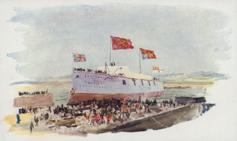 Flutuando para fora um encouraçado, estaleiro de Chatham de William Lionel Wyllie