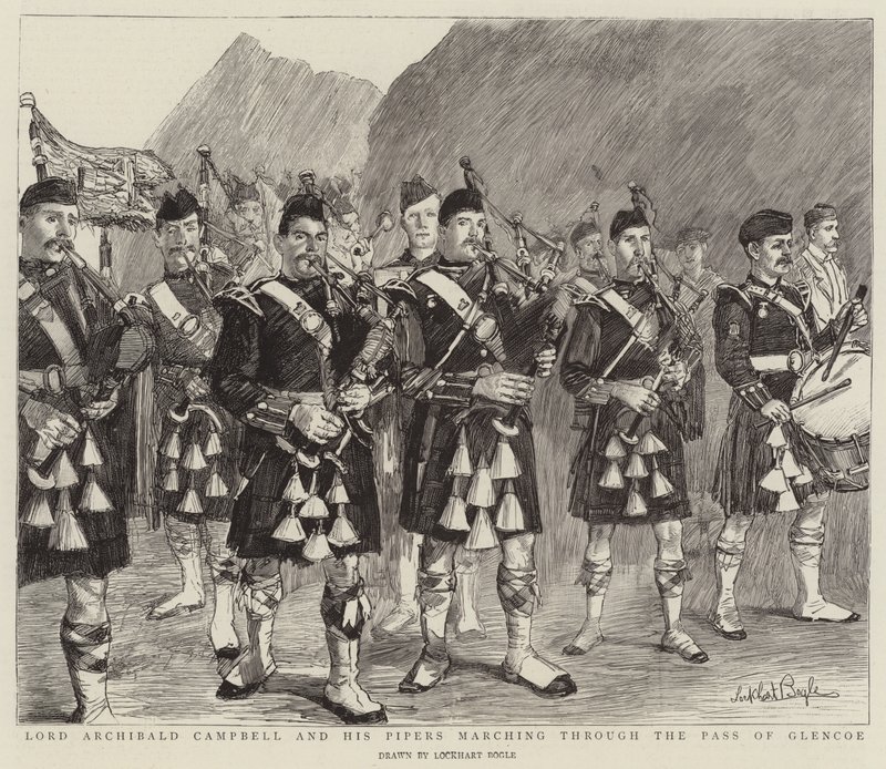 Lorde Archibald Campbell e seus Pipers marchando pelo desfiladeiro de Glencoe de William Lockhart Bogle