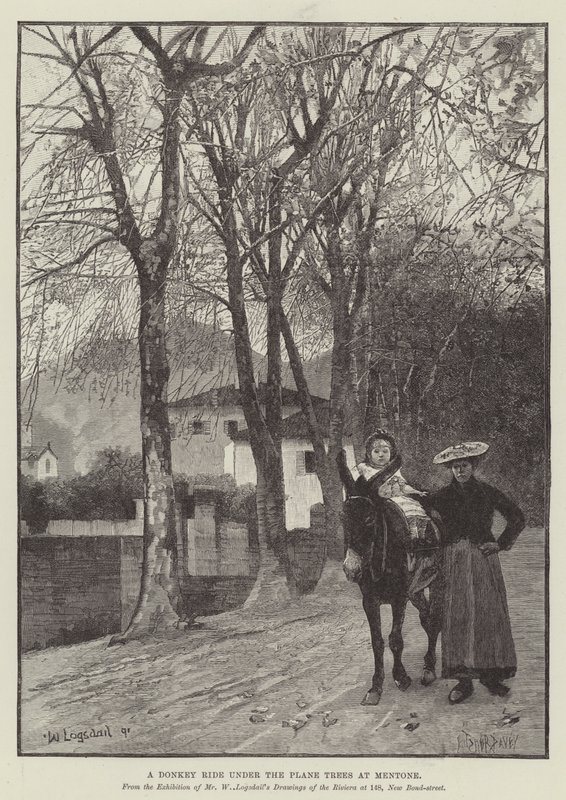 Um passeio de burro sob os plátanos em Mentone de William Logsdail