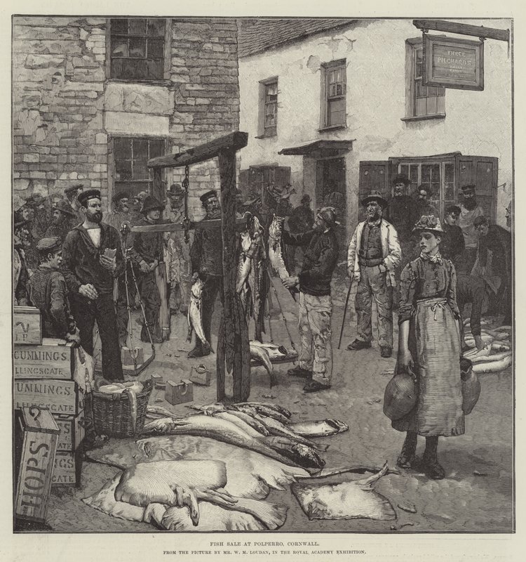 Venda de peixe em Polperro, Cornwall de William Mouat Loudan